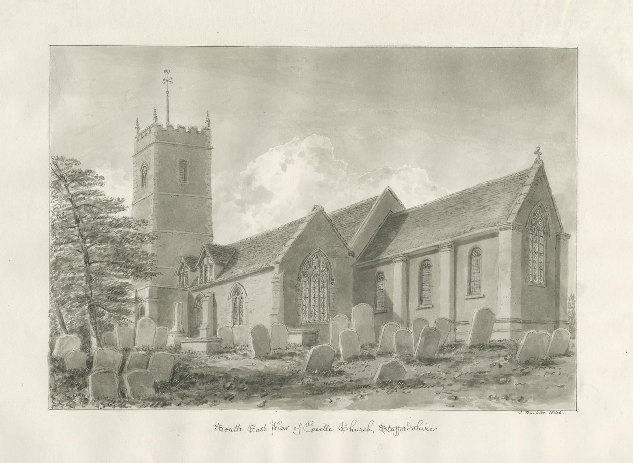 Enville Kerk: sepia tekening, 1846 door John Buckler