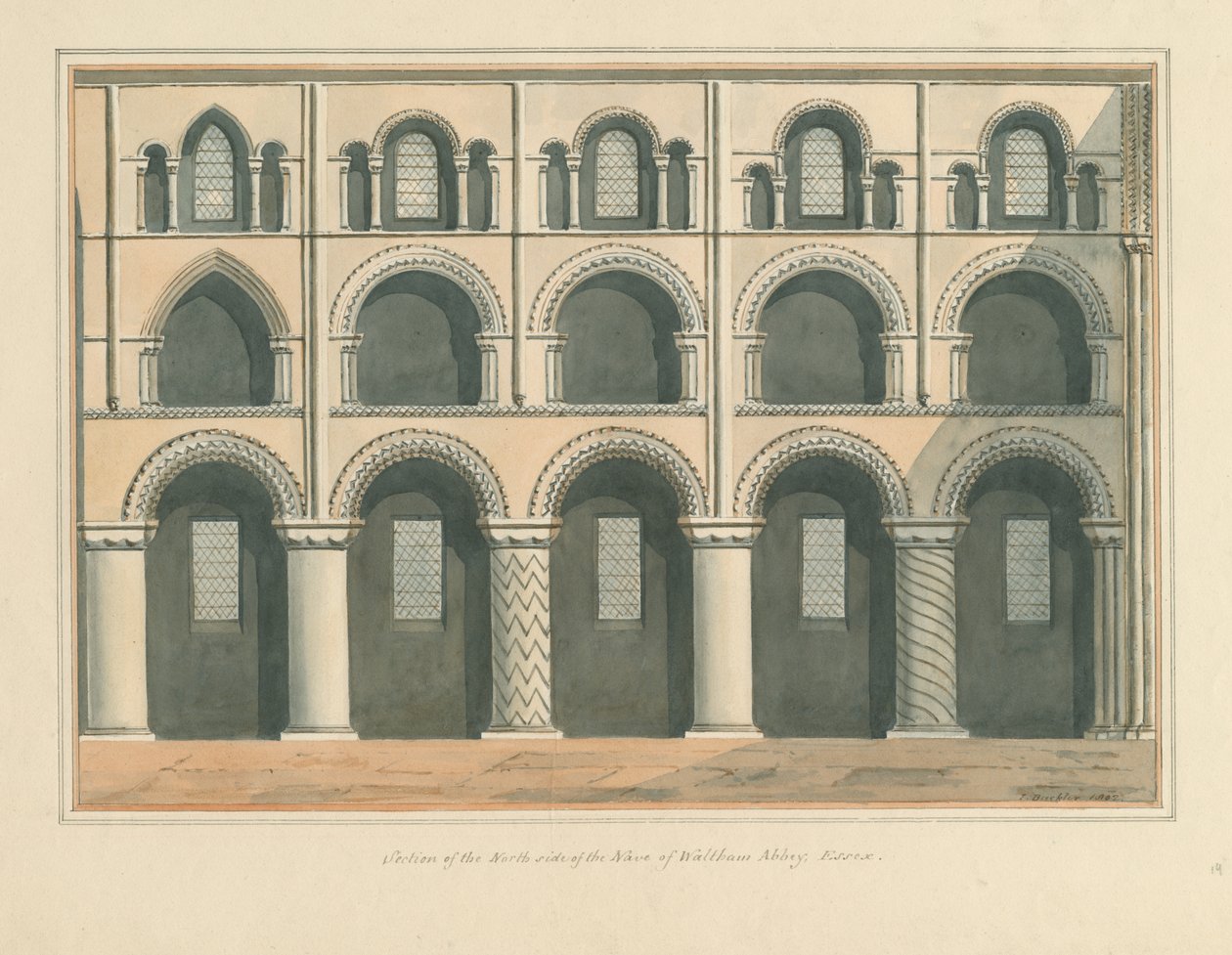 Waltham Abbey - Sectie van de noordzijde van het schip door John Buckler