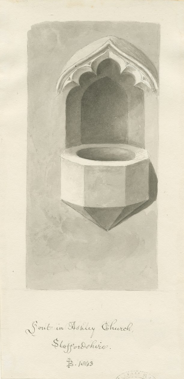 Doopvont in Ashley Kerk: sepia tekening, 1843 door John Buckler