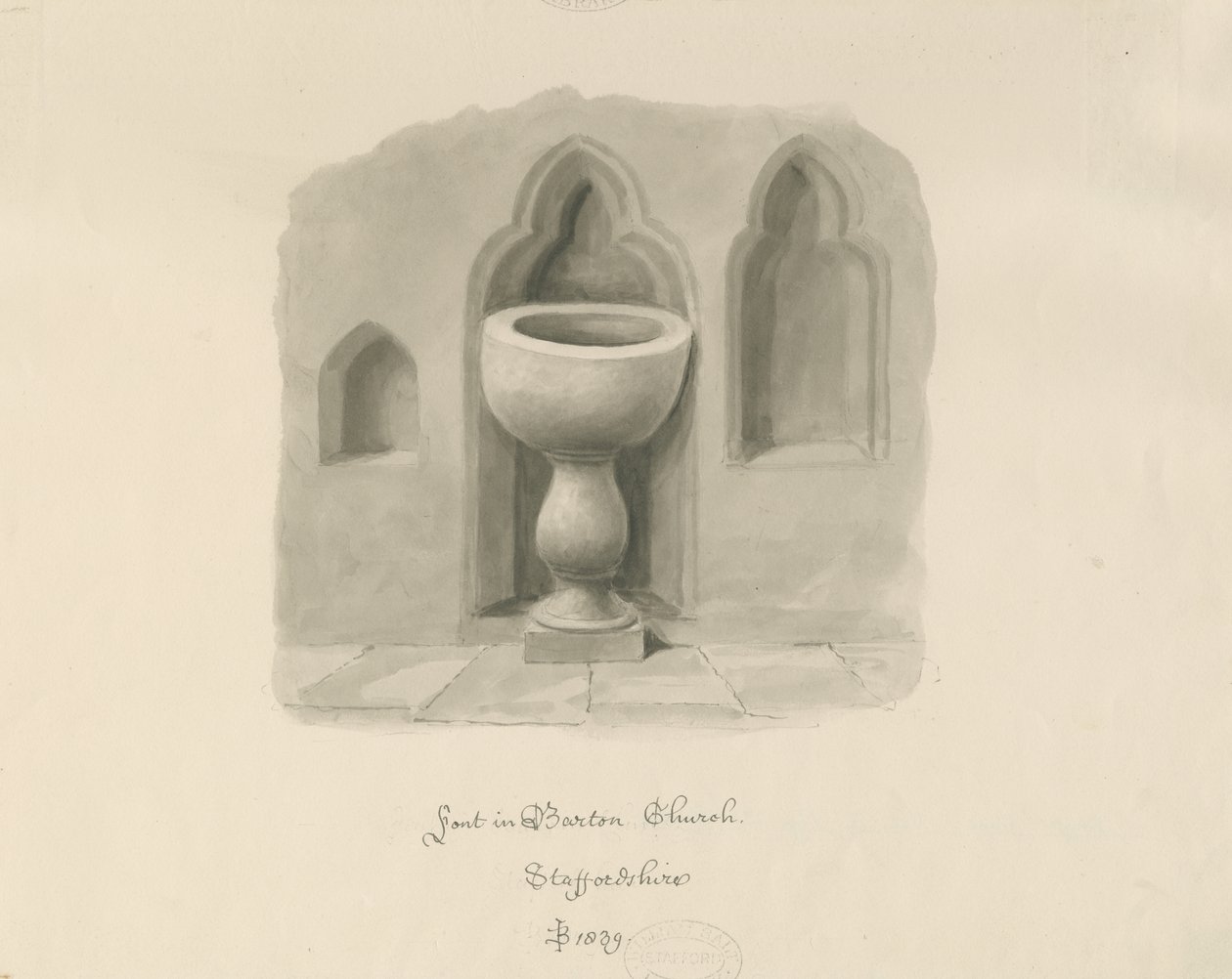 Doopvont in Barton under Needwood Kerk door John Buckler