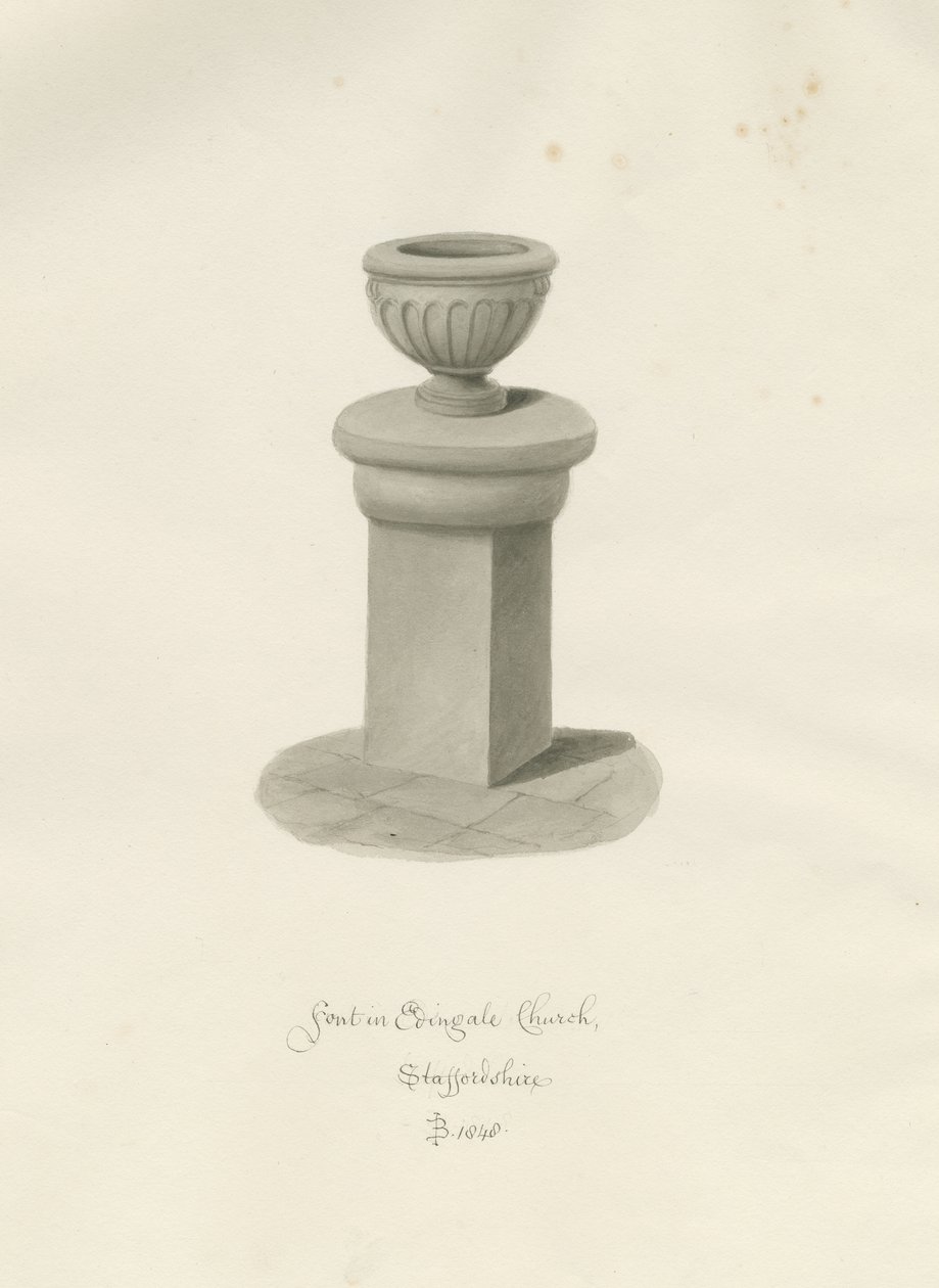Doopvont in Edingale Kerk: sepia tekening door John Buckler
