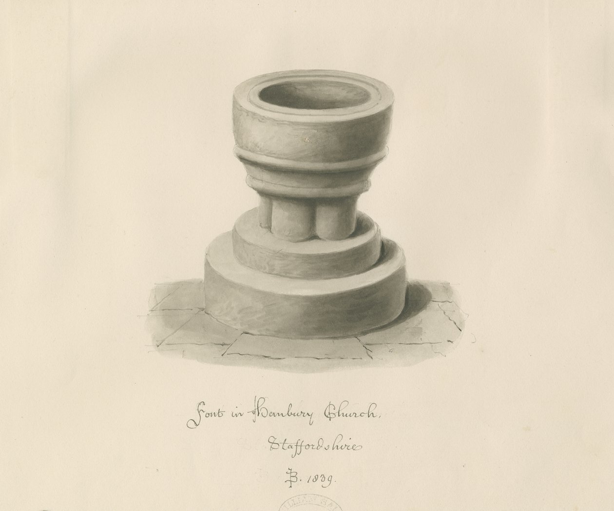 Doopvont in Hanbury Church: sepia tekening door John Buckler