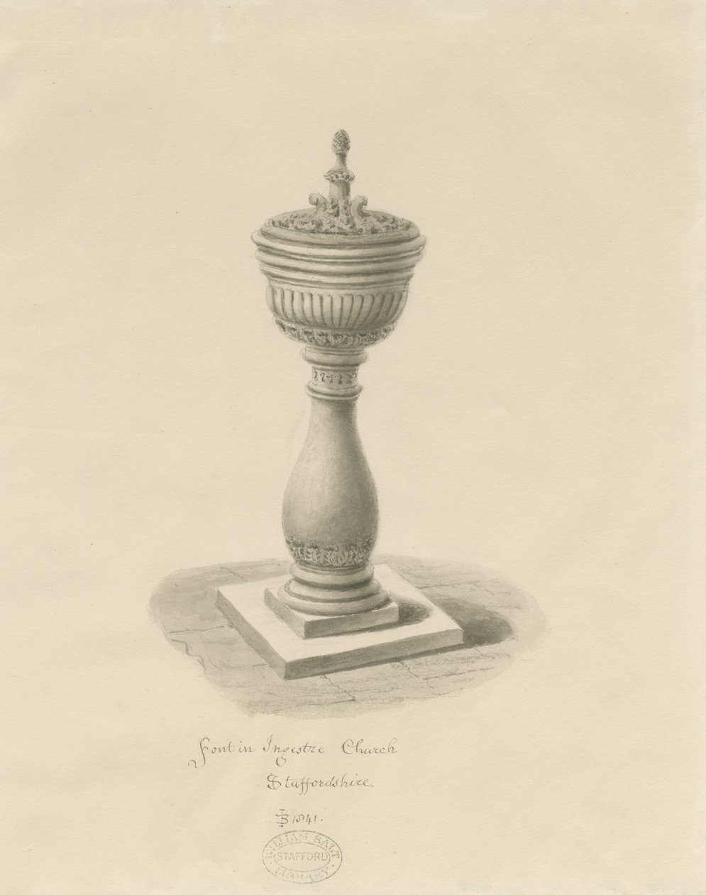Doopvont in Ingestre Kerk: sepia tekening door John Buckler