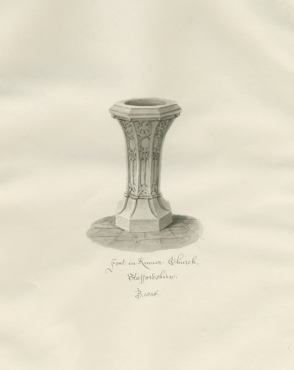 Doopvont in Kinver Church: sepia tekening door John Buckler