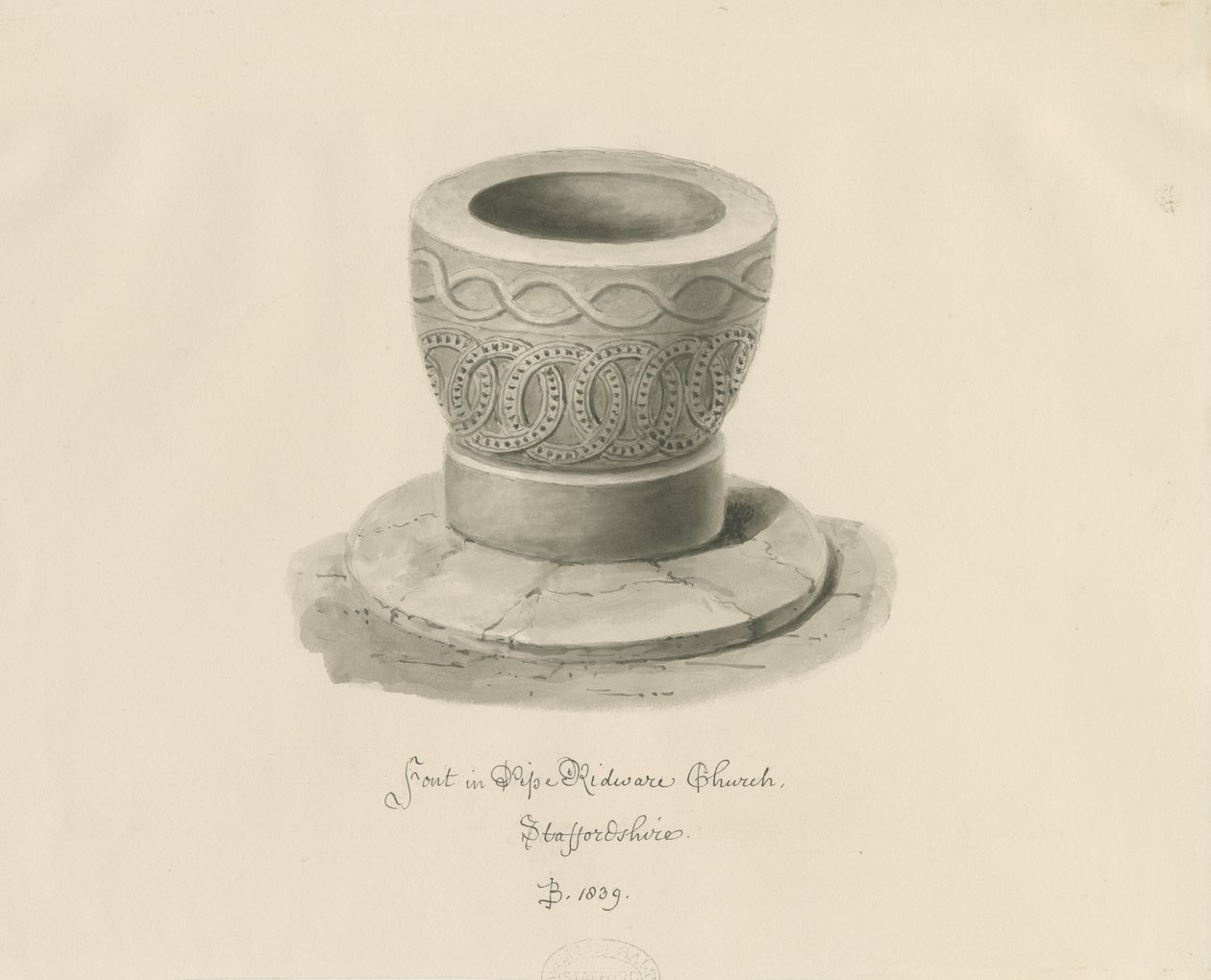 Doopvont in Pipe Ridware Church: sepia tekening door John Buckler