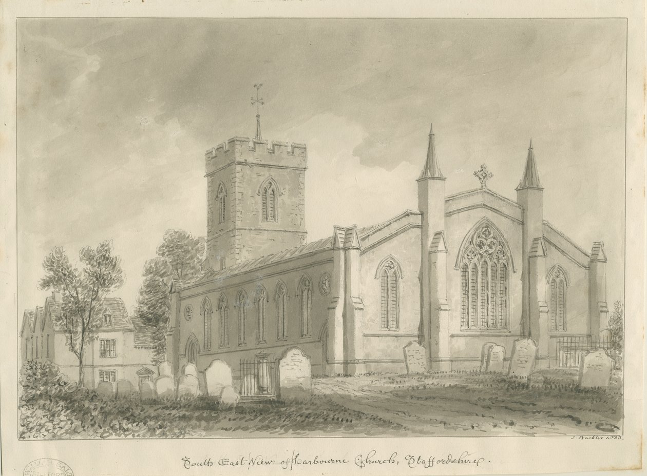 Harborne Kerk: sepia tekening door John Buckler