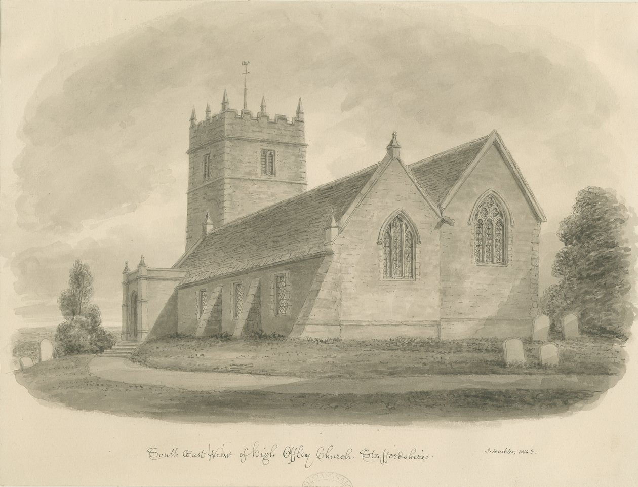 High Offley Kerk: sepia tekening door John Buckler