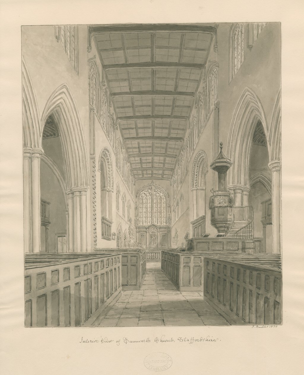 Interieur van de kerk van Tamworth door John Buckler
