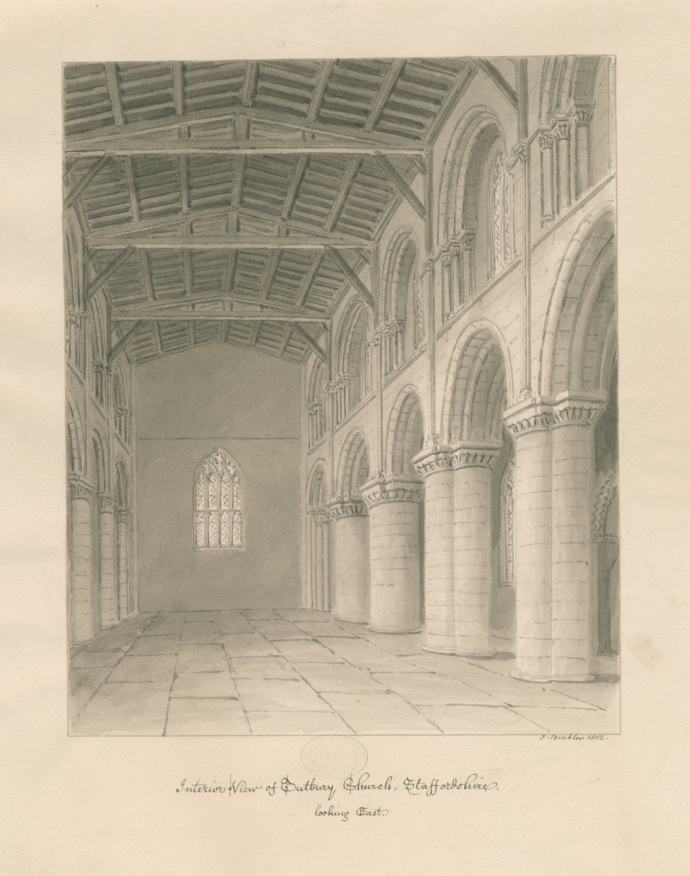 Interieur van Tutbury Priory Church: sepia was tekening door John Buckler
