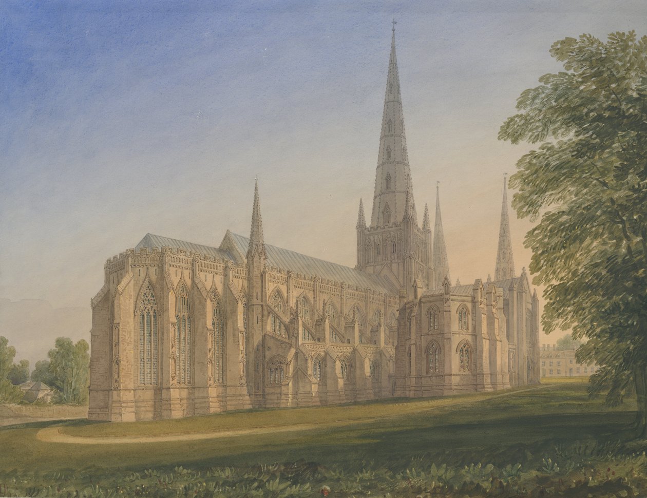 Lichfield Kathedraal - Noordoostaanzicht: aquarel, nd [1770-1851] door John Buckler