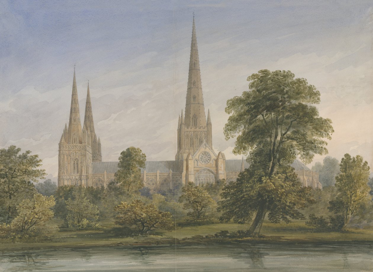 Lichfield Kathedraal - Zuidoostaanzicht: aquarel, nd [?1842] door John Buckler