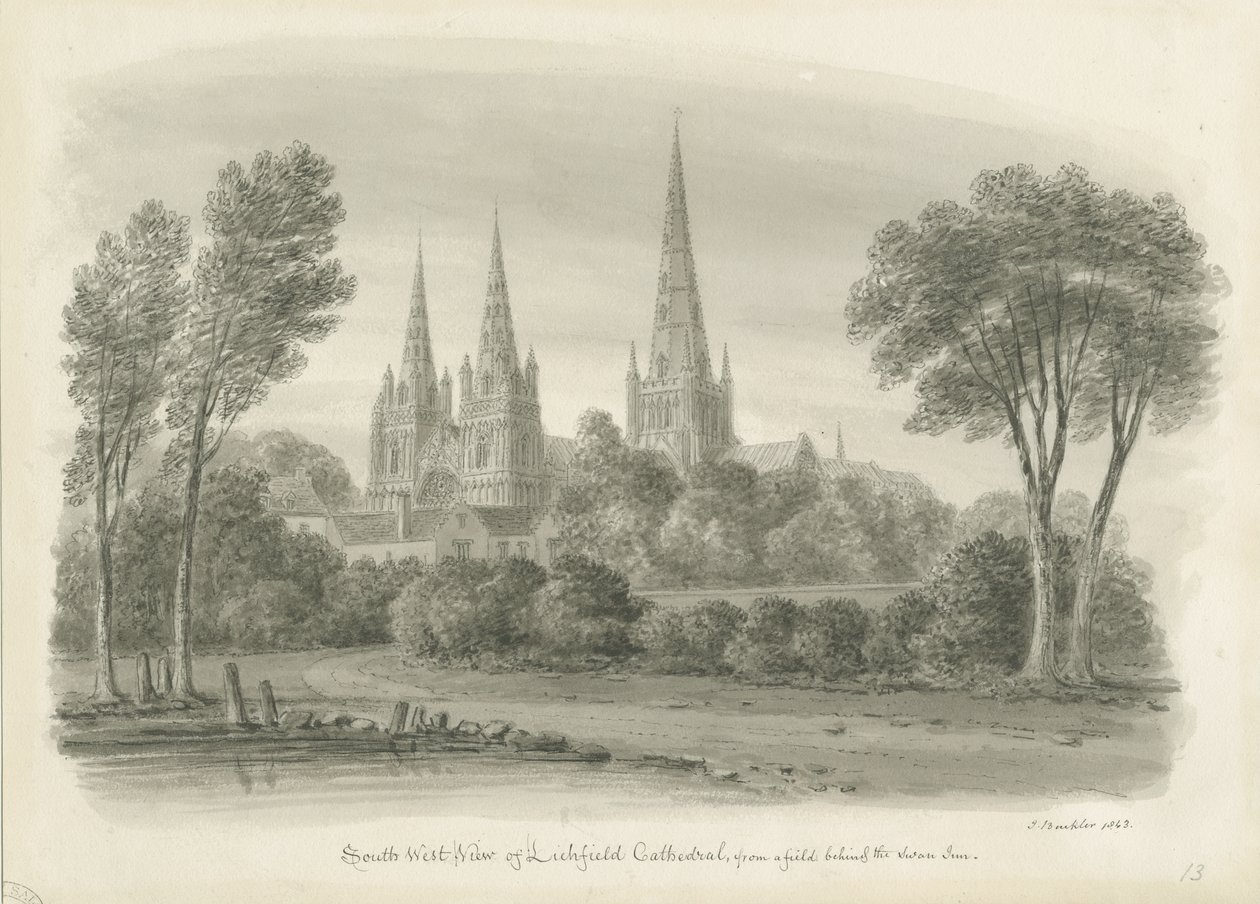 Lichfield Kathedraal - Zuidwestelijke Aanblik: sepia tekening door John Buckler