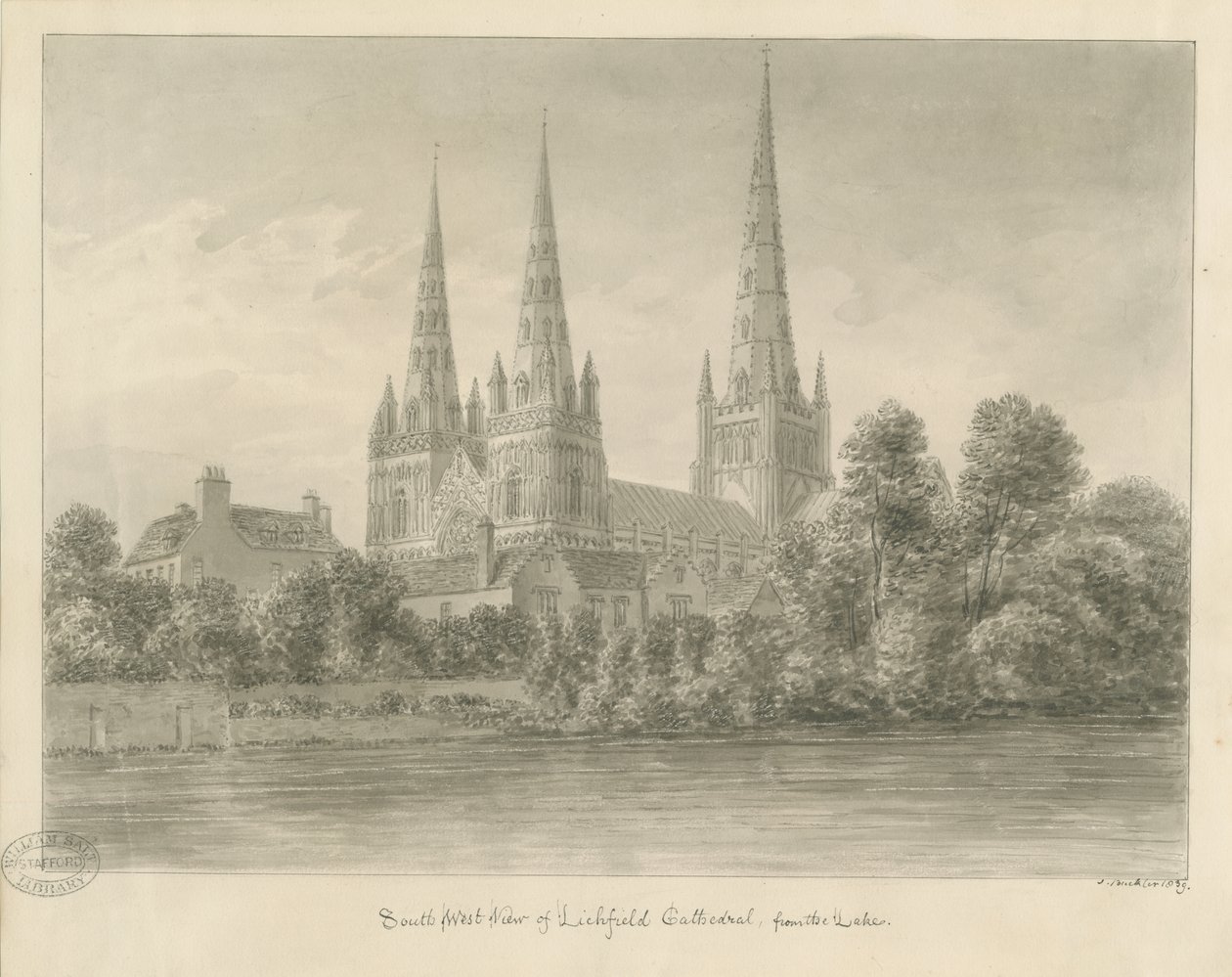 Lichfield Kathedraal - Zuidwestaanzicht: sepia tekening door John Buckler