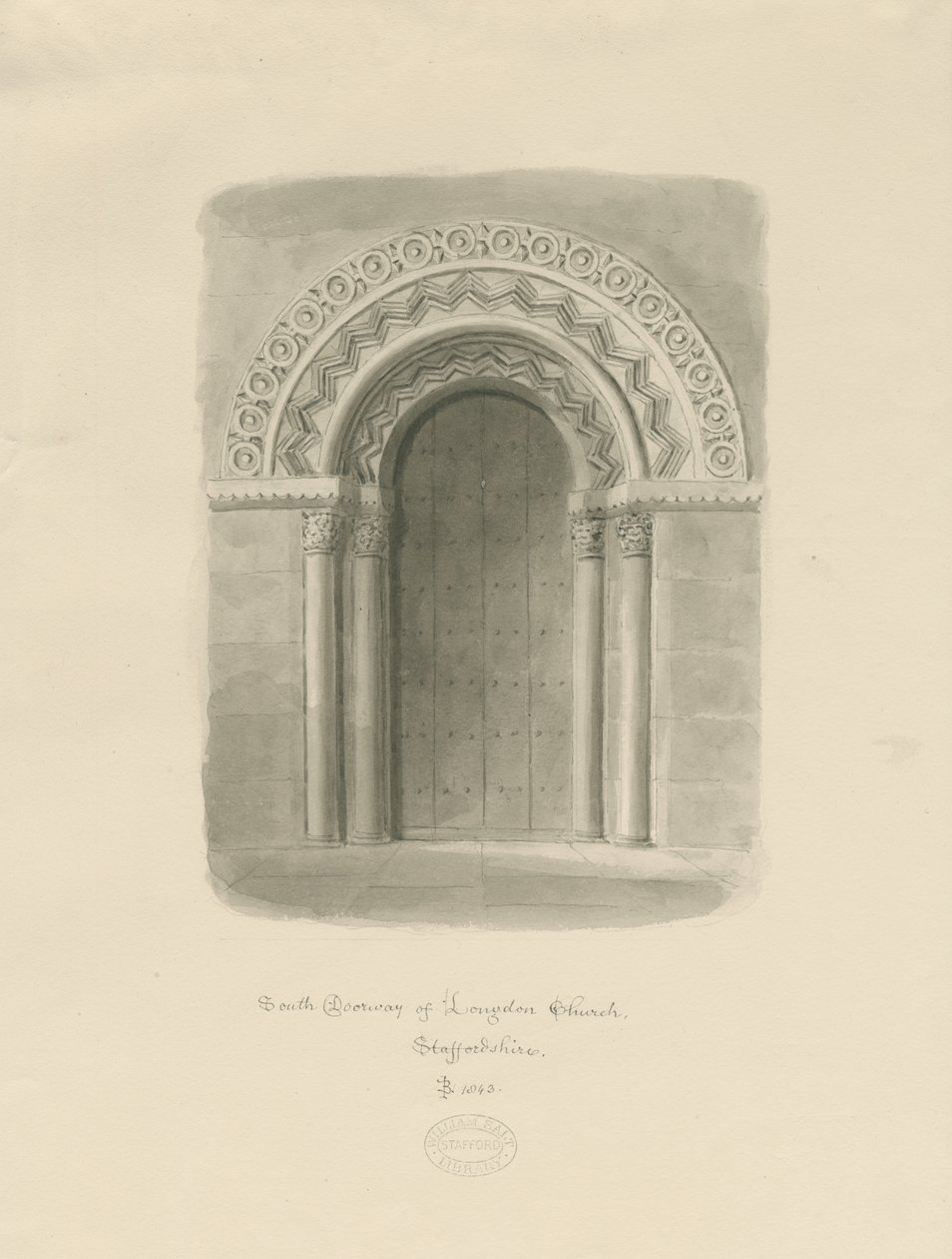 Longdon Church - Zuidelijke deur: sepia tekening door John Buckler