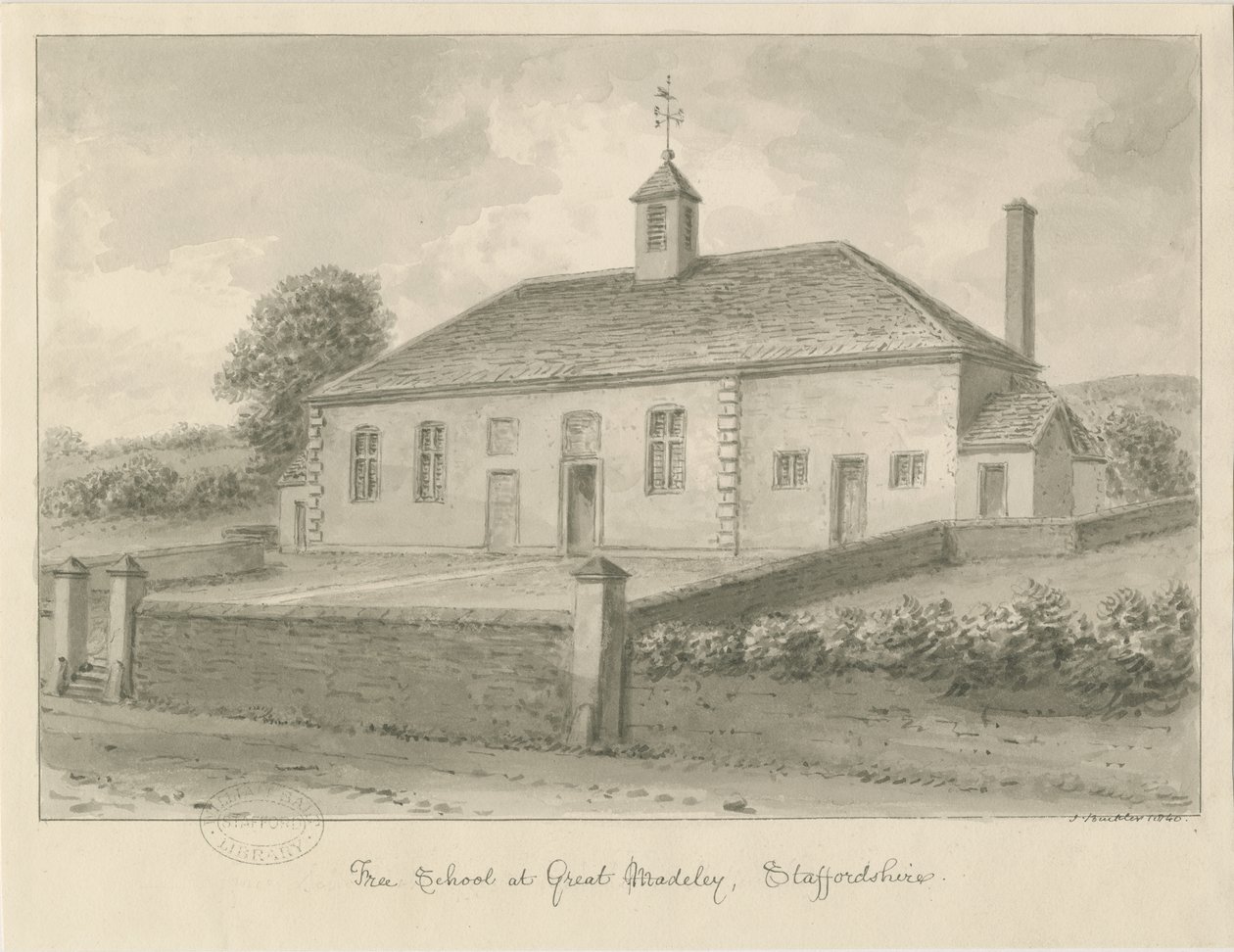 Madeley - Vrije School: sepia tekening, 1840 door John Buckler