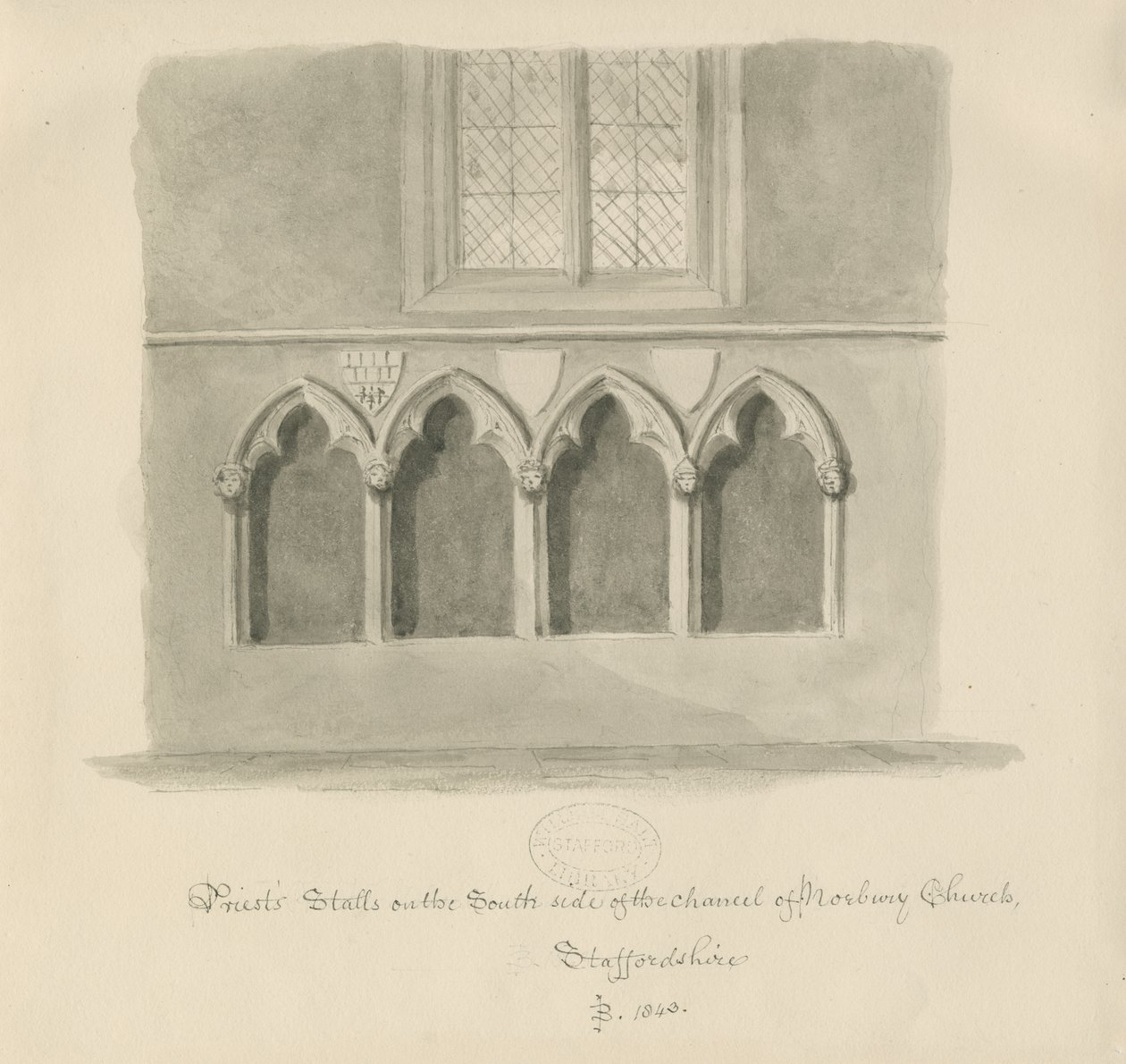Norbury Church - Priesterstallen: sepia was tekening, 1843 door John Buckler