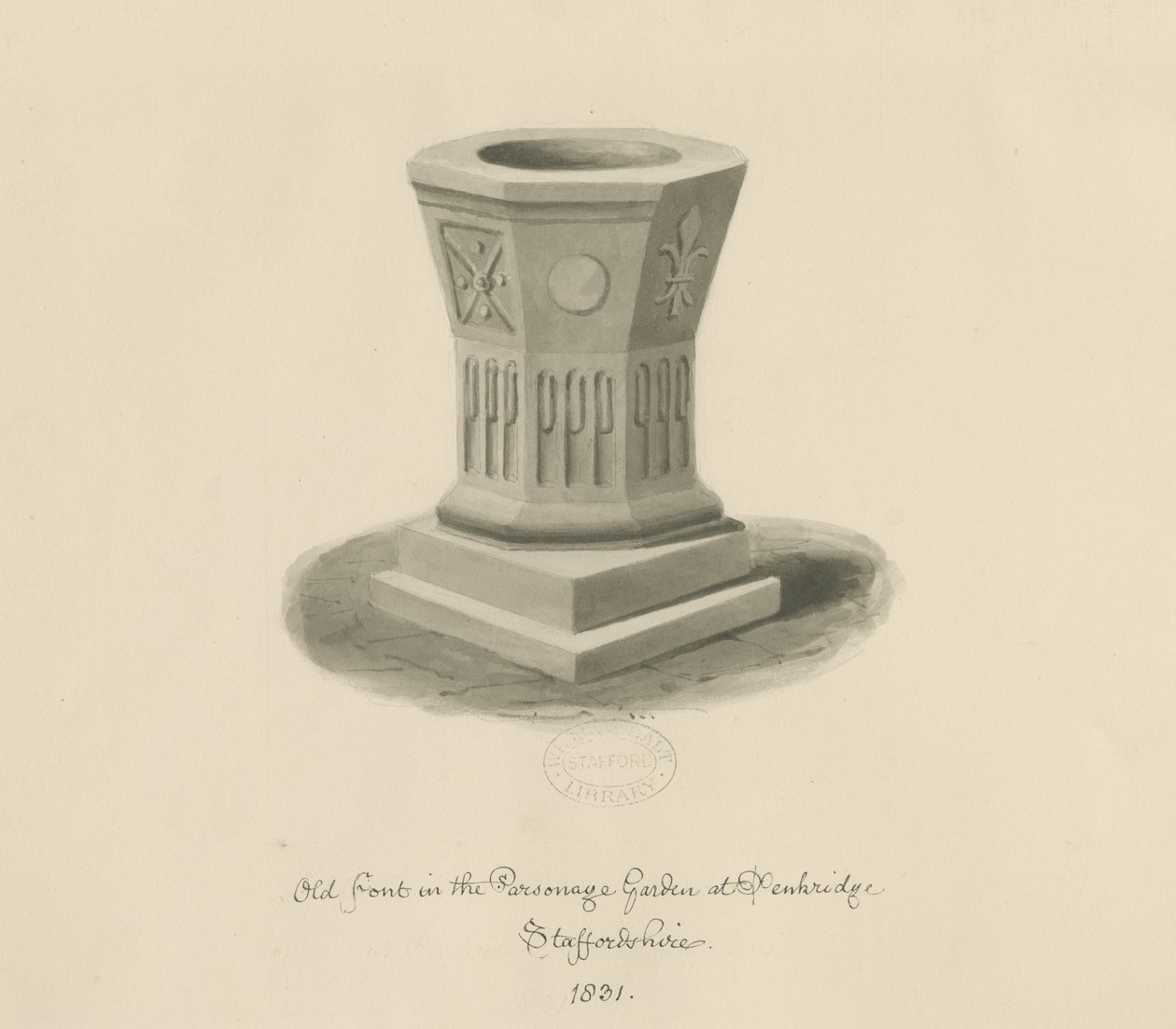Penkridge - Doopvont in de pastorie tuin: sepia tekening door John Buckler