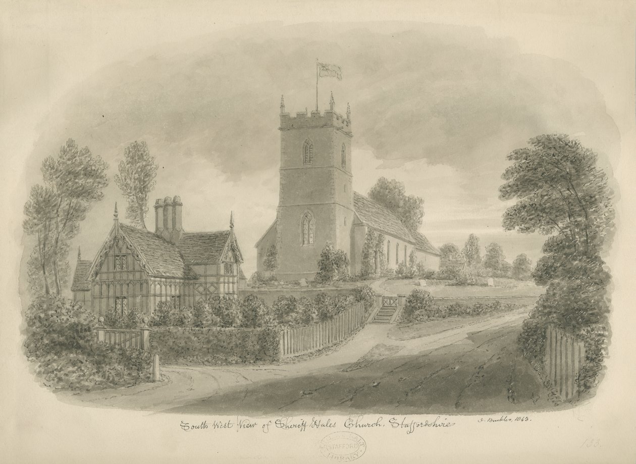 Sheriffhales Kerk: sepia tekening door John Buckler