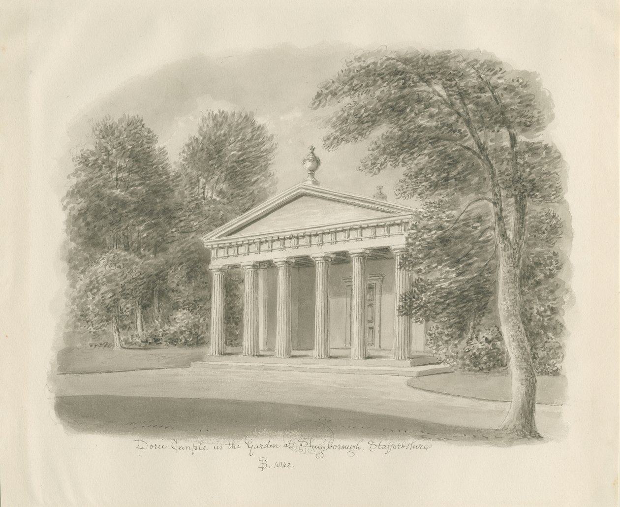 Shugborough - Dorische Tempel: sepia tekening, 1842 door John Buckler