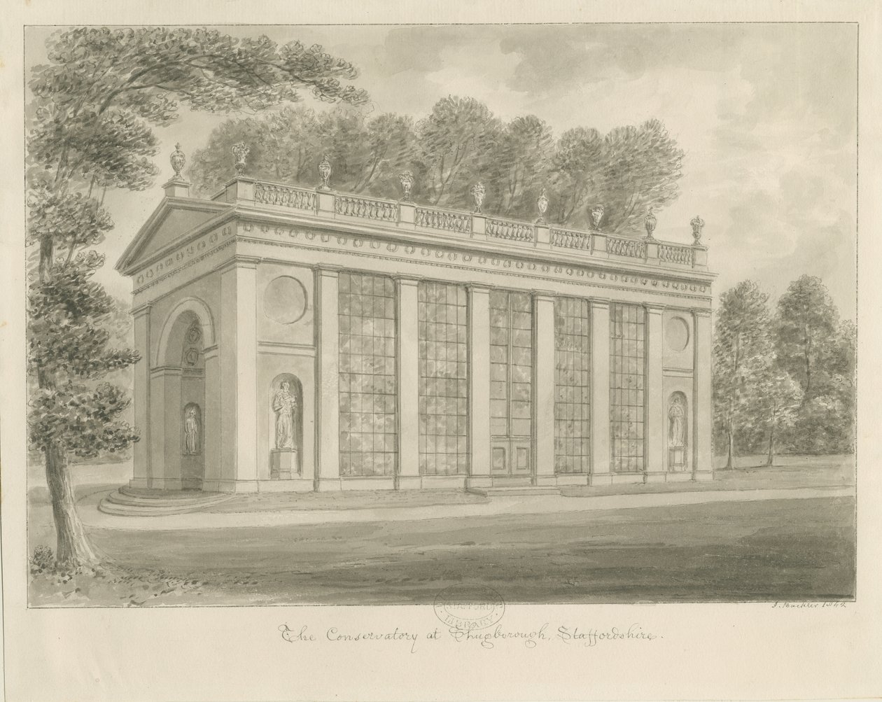 Shugborough Hall - Conservatorium: sepia tekening door John Buckler