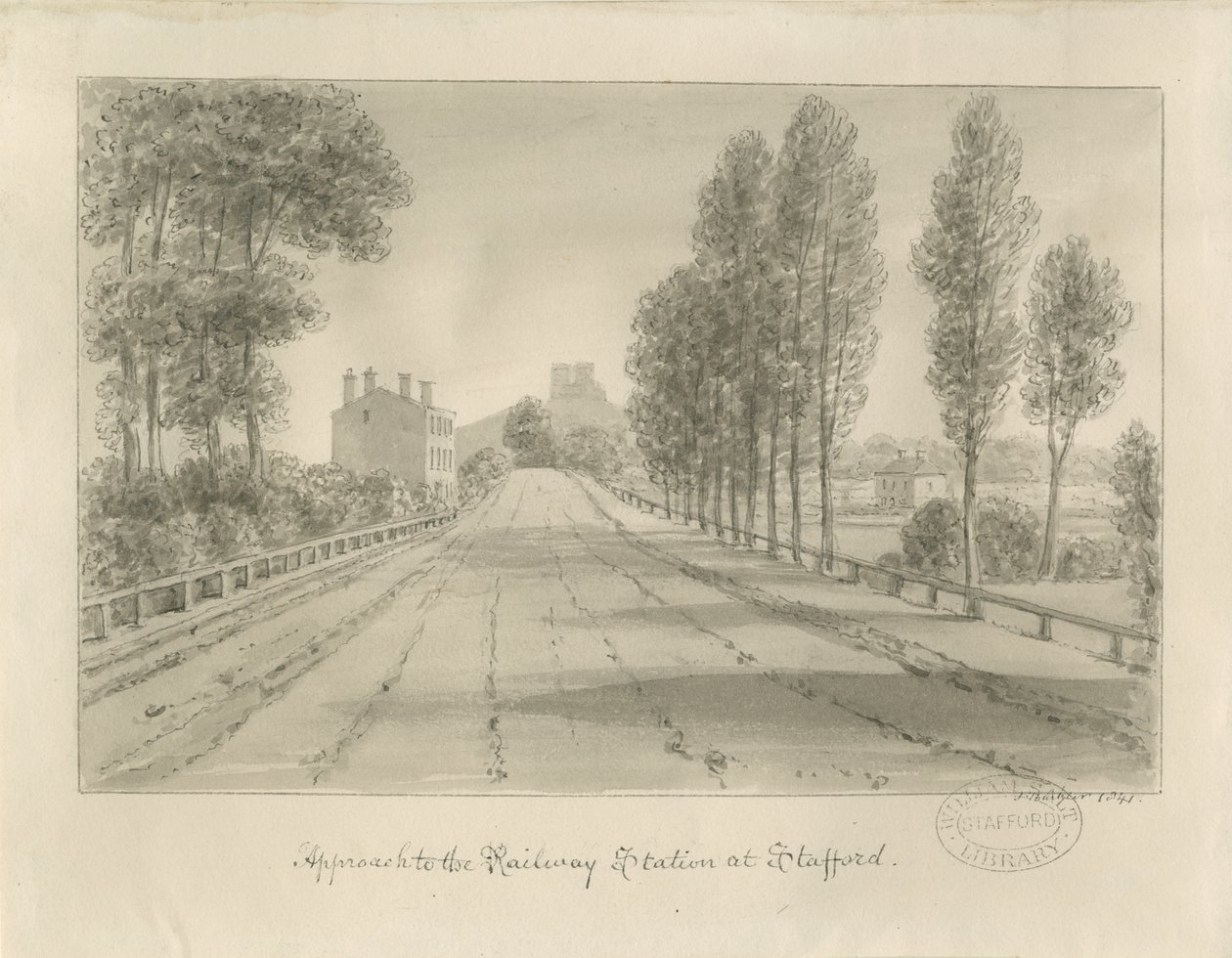 Stafford - Toegang tot het treinstation: sepia tekening door John Buckler