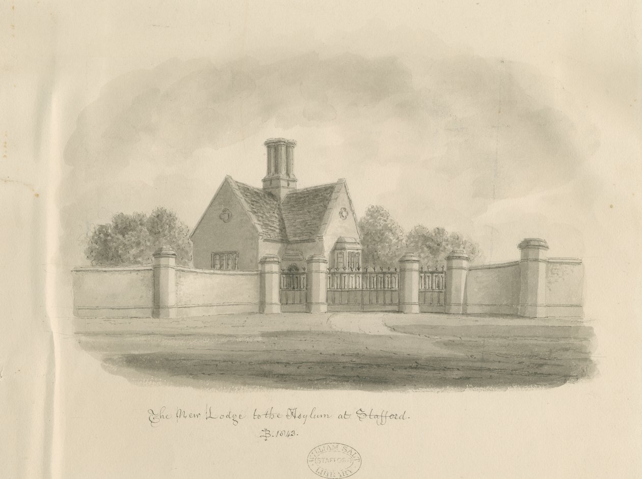 Stafford - New Lodge naar het Asylum: sepia tekening, 1843 door John Buckler