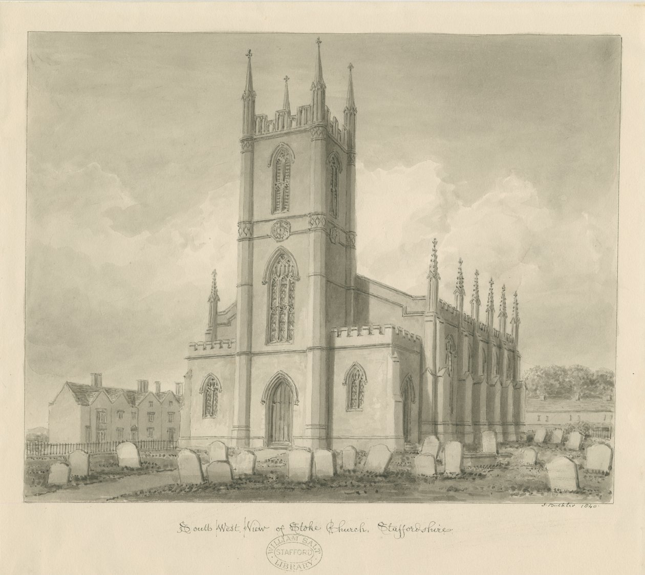 Stoke-upon-Trent Kerk [Nieuw]: sepia tekening door John Buckler