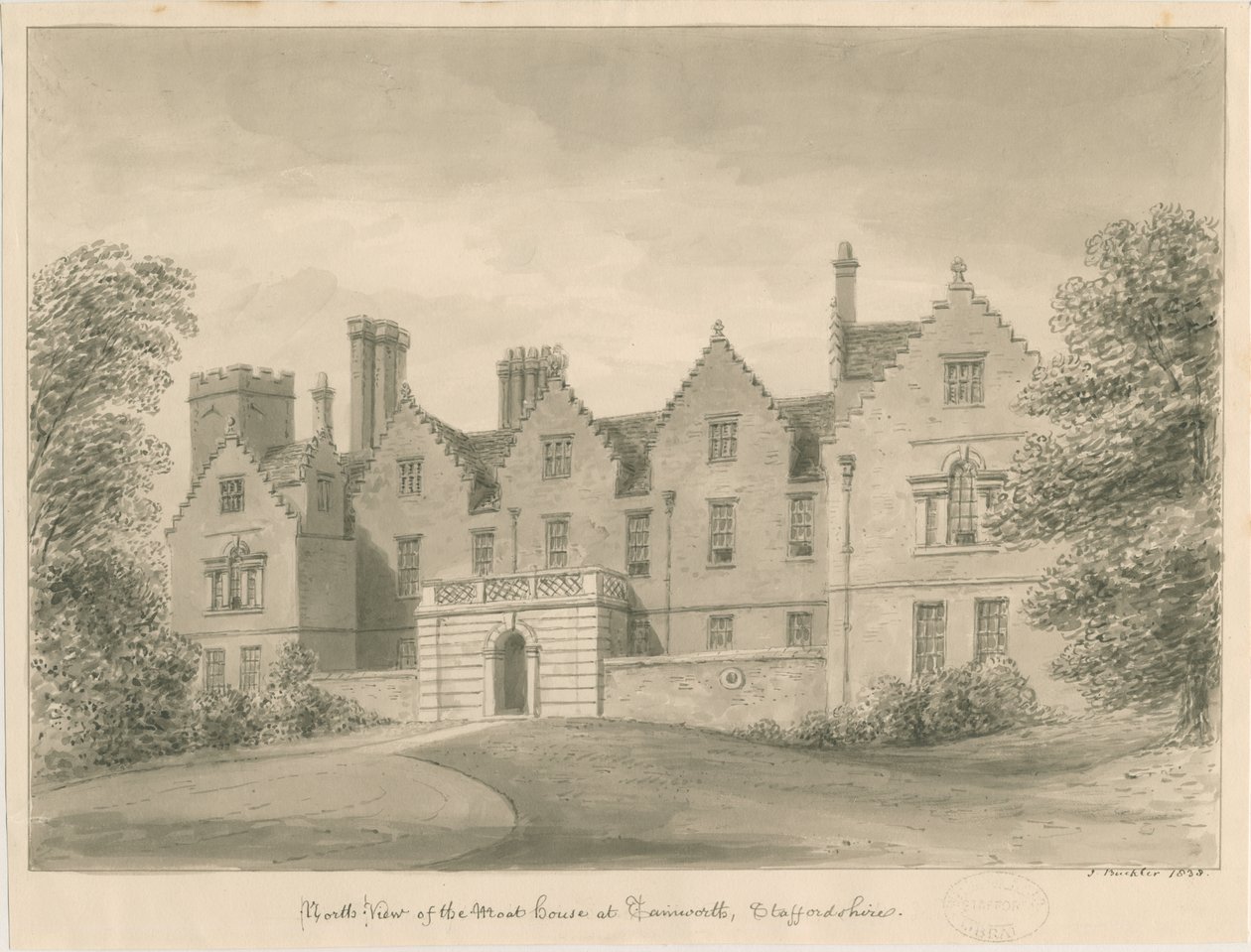 Tamworth - Het Grachtenhuis: sepia tekening door John Buckler