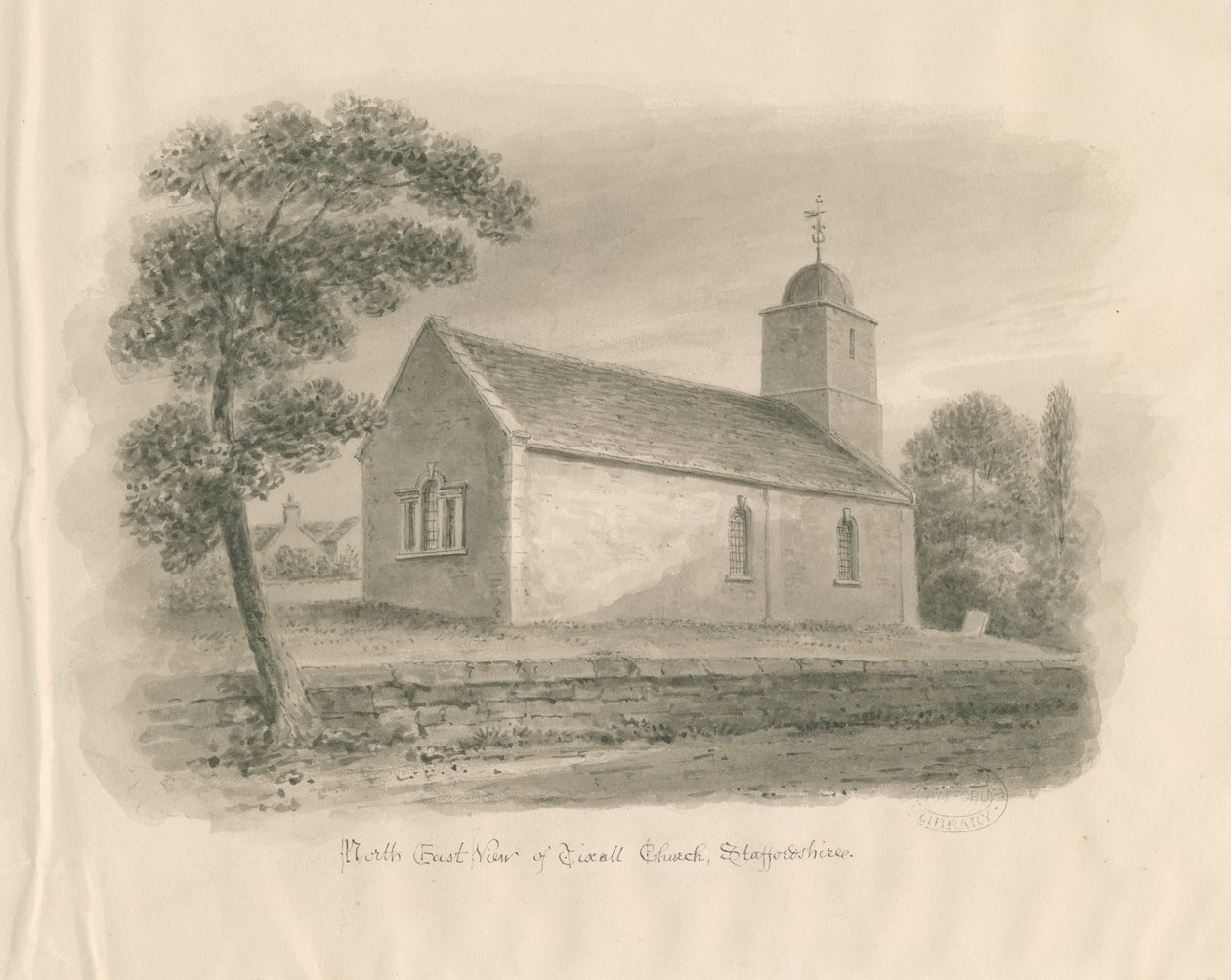 Tixall Church: sepia wassing tekening, nd [?1841] door John Buckler