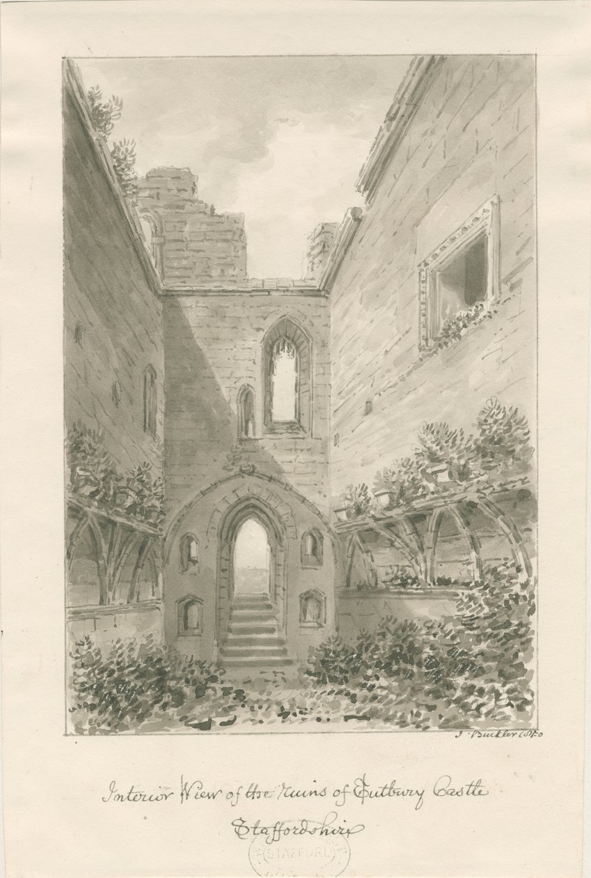Tutbury Castle - Interieur van Ruïnes: sepia wassing tekening door John Buckler