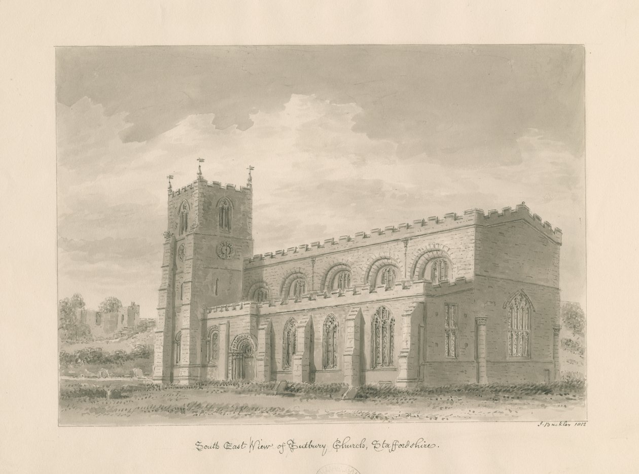 Tutbury Priory Kerk: sepia was tekening, 1812 door John Buckler