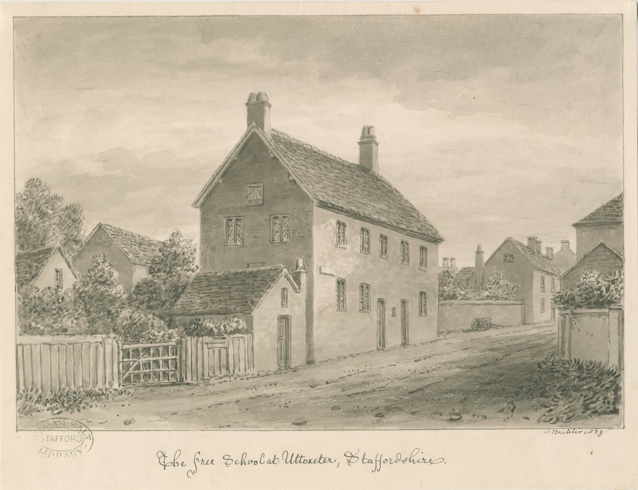 Uttoxeter Stad - Vrije School: sepia wassing tekening door John Buckler
