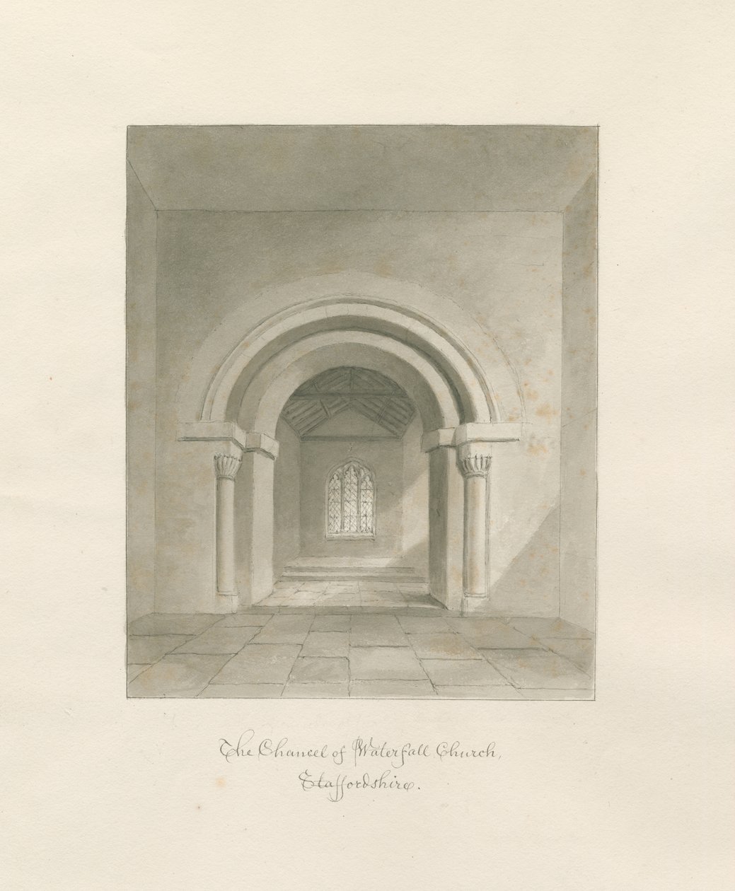 Waterval Kerk - Interieur van het koor: sepia tekening, 1847 door John Buckler