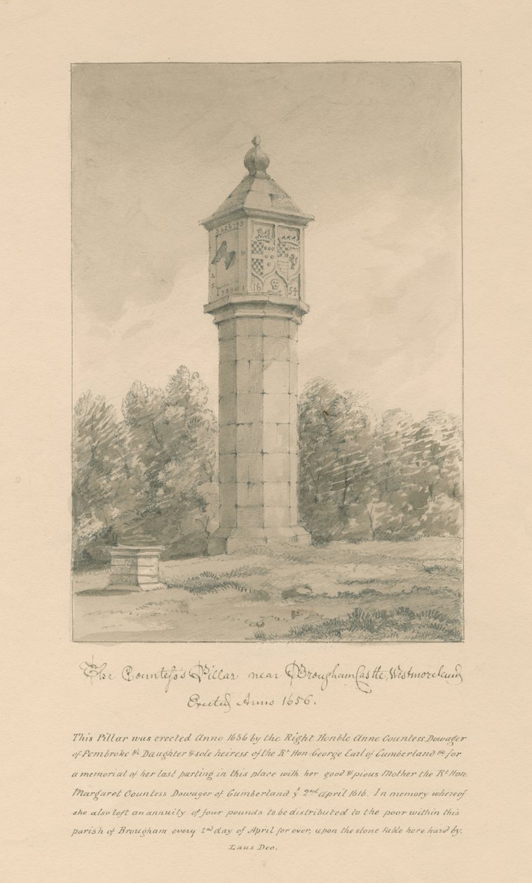 Westmorland - Brougham Castle - Countess Pillar: sepia tekening, 1800 door John Buckler