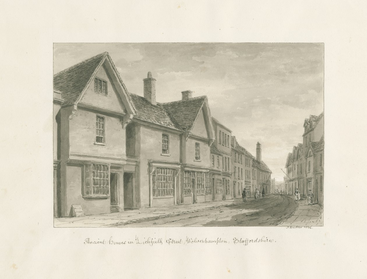 Wolverhampton - Oude huizen in Lichfield Street: sepia tekening door John Buckler