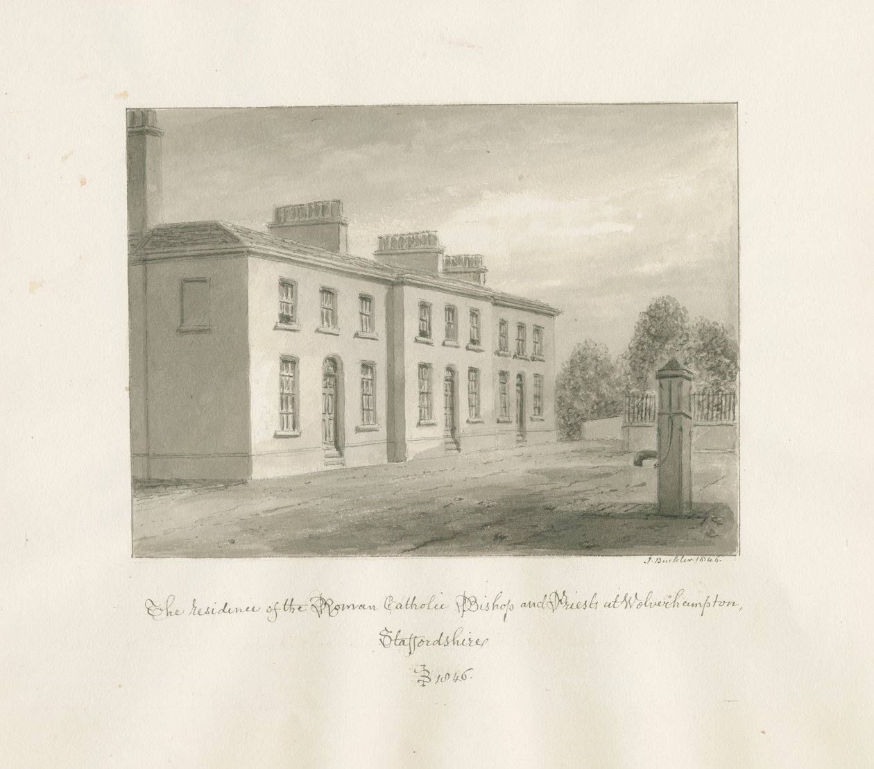 Wolverhampton - Woonplaats van de rooms-katholieke bisschop en priesters: sepia tekening door John Buckler