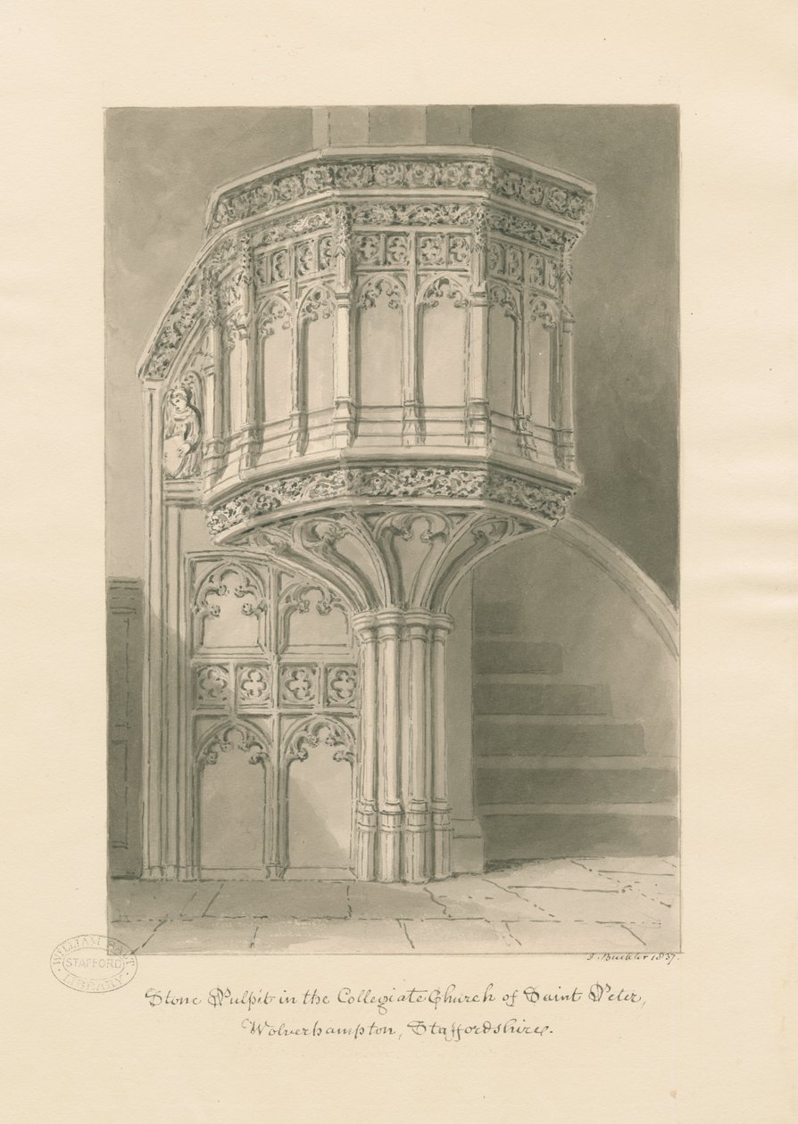 Wolverhampton - Stenen preekstoel in Sint-Pieterskerk: sepia tekening door John Buckler