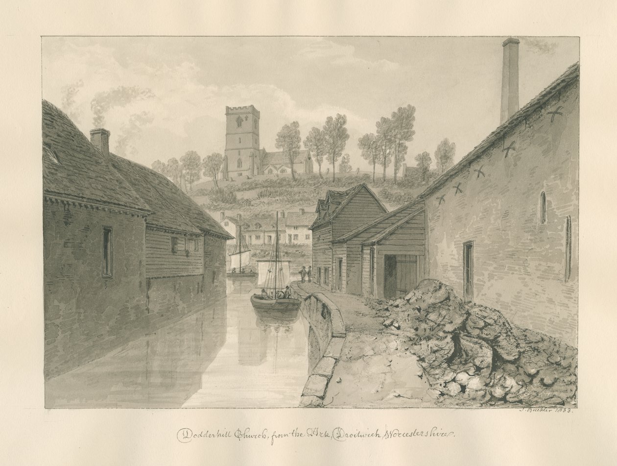 Worcestershire - Droitwich - Dodderhill Kerk Verre Uitzicht: sepia tekening, 1833 door John Buckler