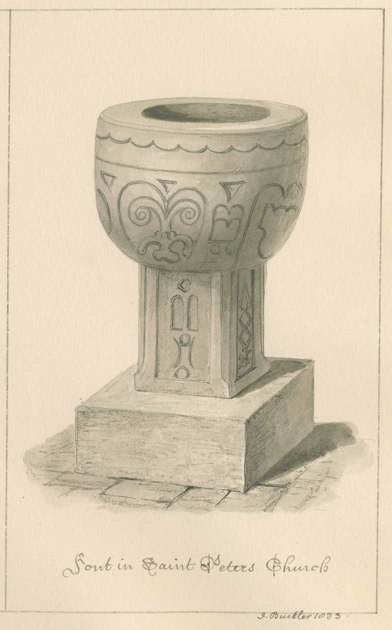 Worcestershire - Droitwich - Sint-Pieterskerk Doopvont: sepia tekening, 1833 door John Buckler