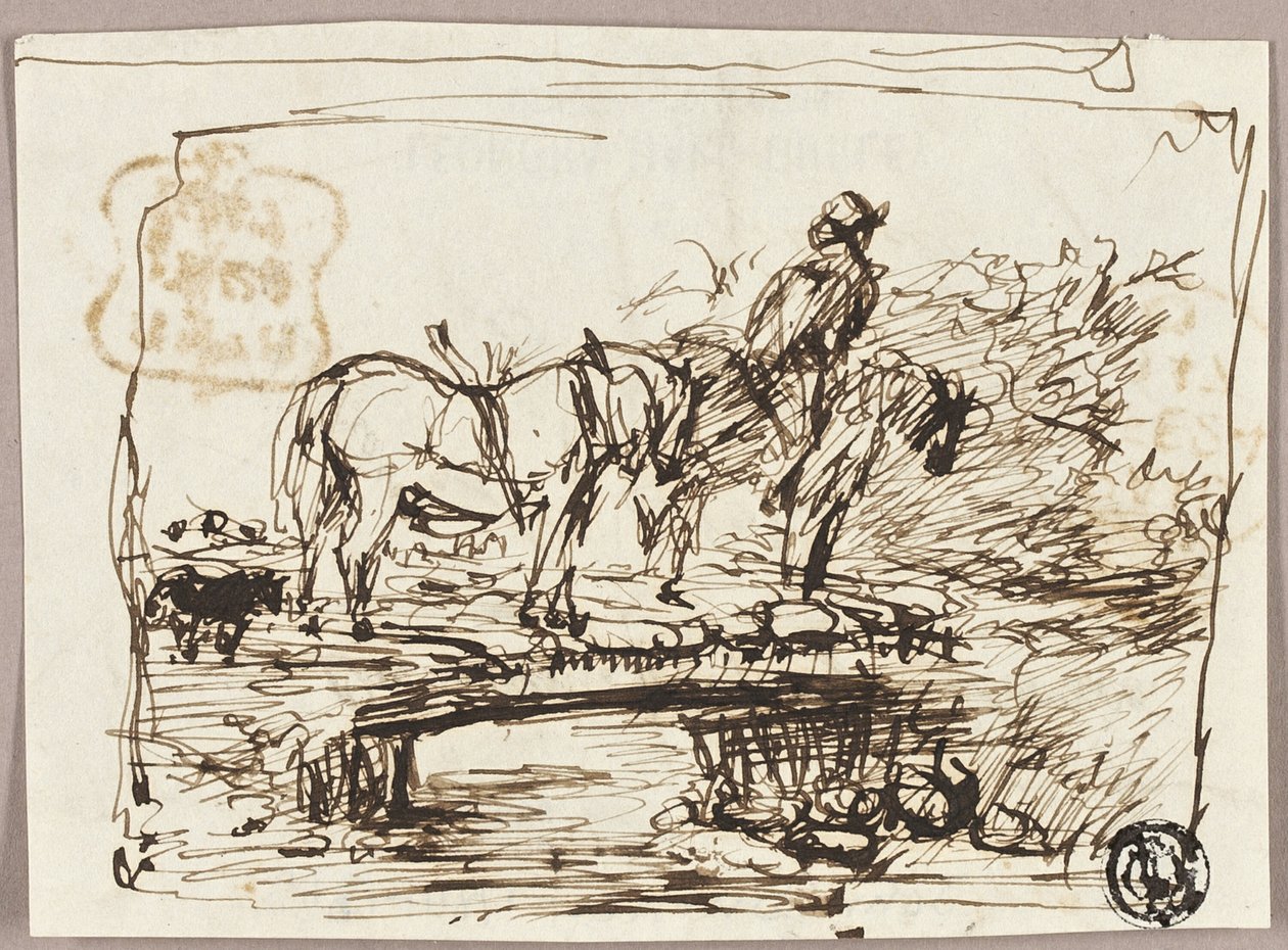Schets van paarden die een brug oversteken door John Burnet