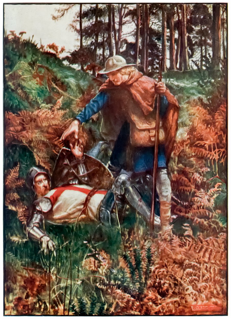 Getrouwe helpt Christen na zijn val uit The Pilgrims Progress From This World, To That Which Is To Come door John Bunyan (1628-1688) Illustratie door Byam Shaw (1872-1919) door John Byam Liston Shaw