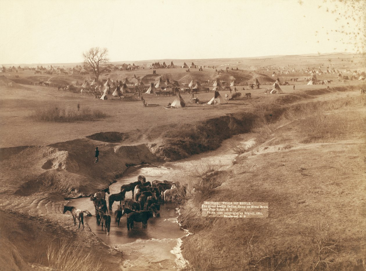 Het grote vijandige Indianenkamp aan de rivier Brule nabij Pine Ridge door John C. H. Grabill