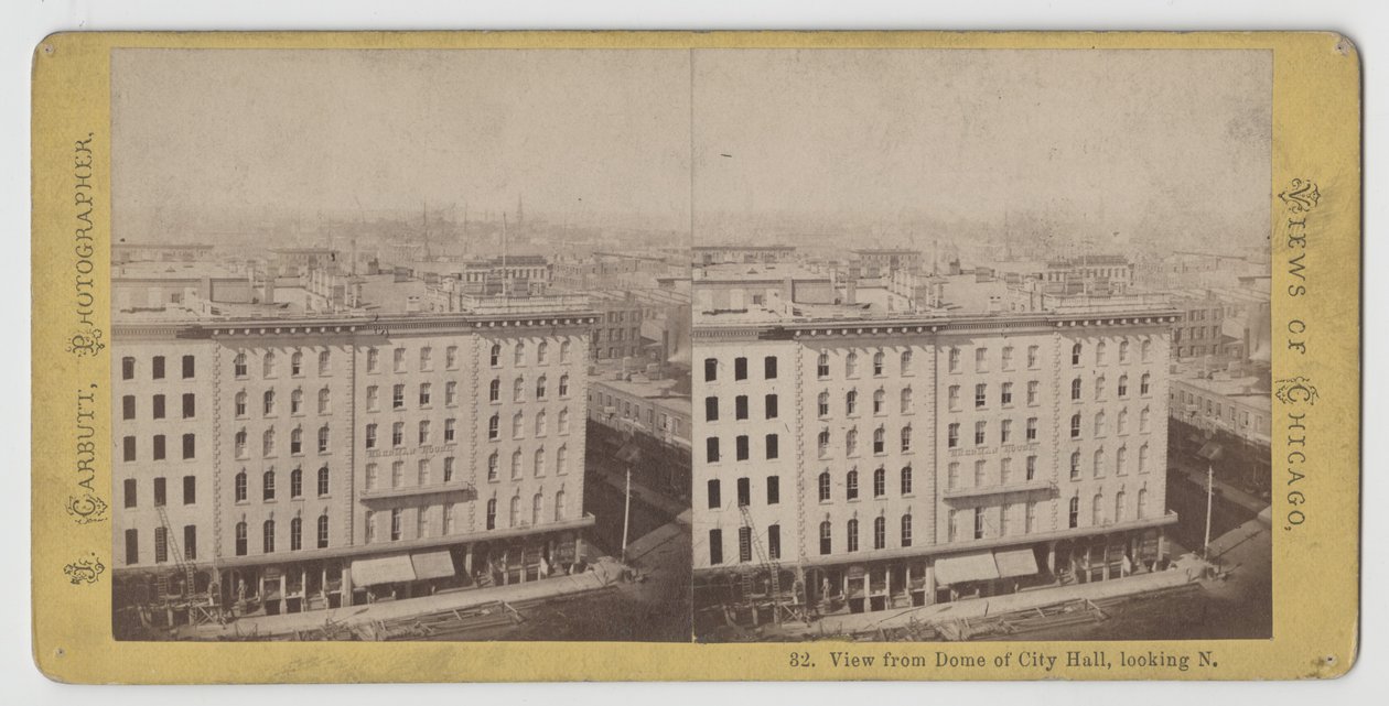 Stereograaf van het uitzicht vanaf de koepel van City Hall naar het noorden, voor de brand van Chicago in 1871 door John Carbutt