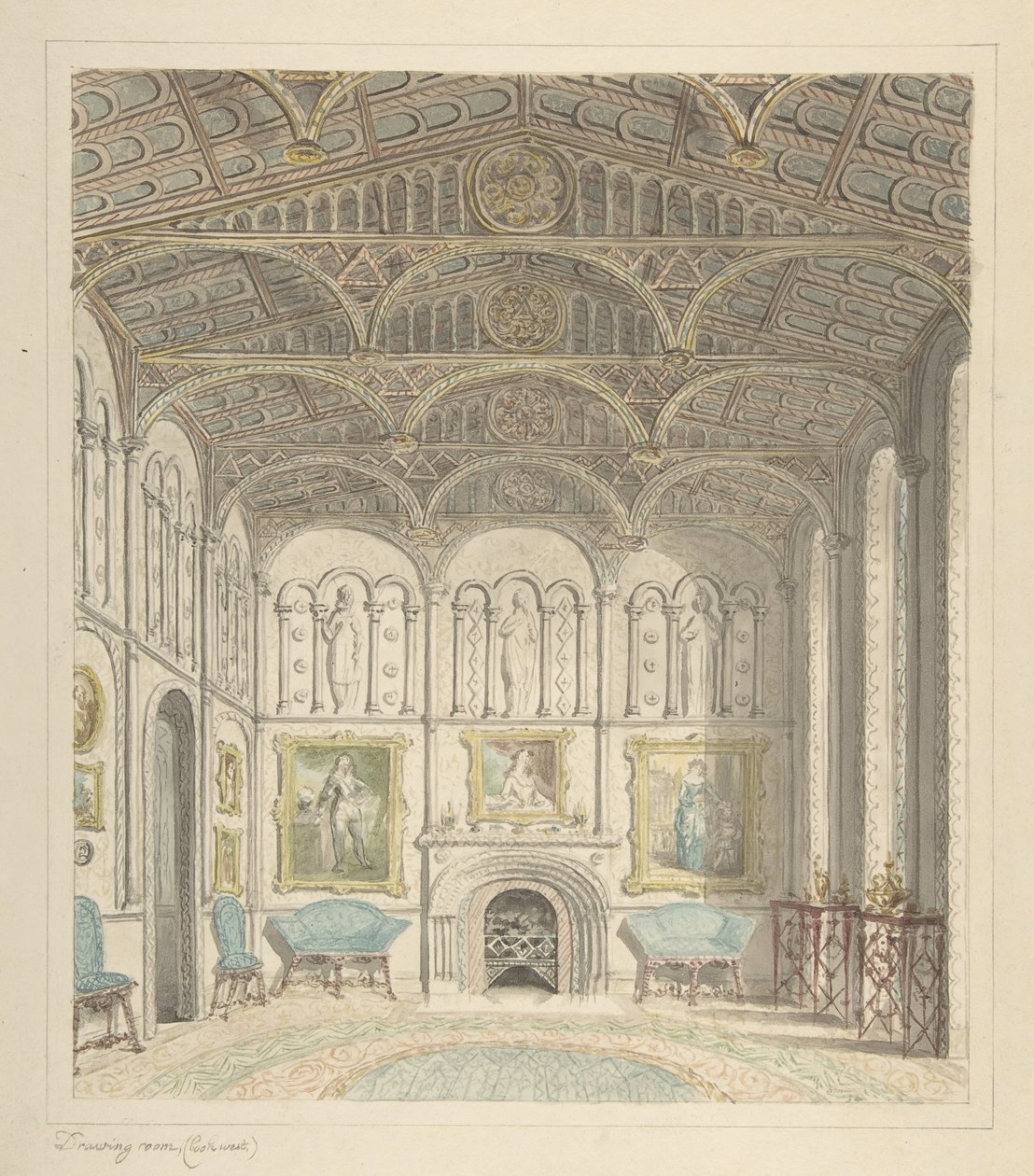 Salon van Lea Castle, Kijkend naar het Westen, ca. 1816 door John Carter.