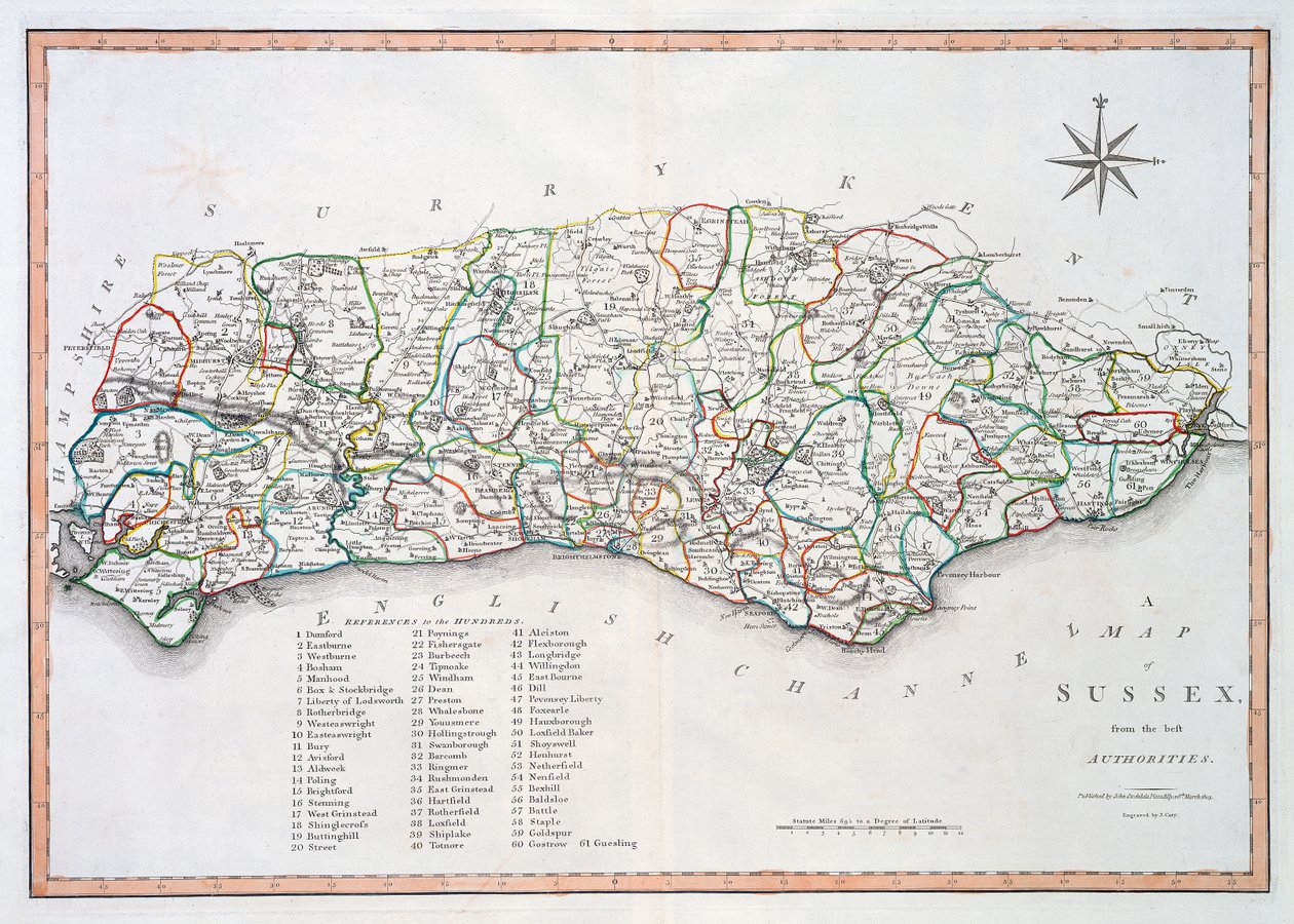Kaart van Sussex, 26 maart 1805 door John Cary