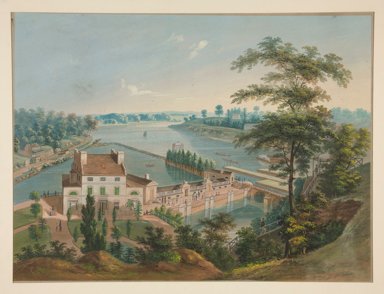 Waterwerken in Fairmount Park, Philadelphia door John Caspar Wild