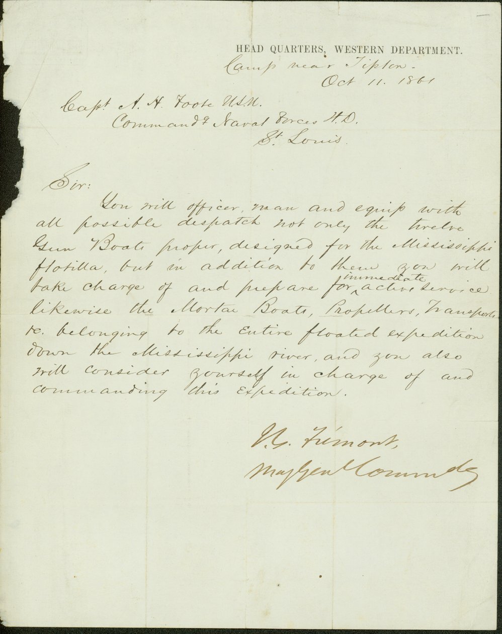 Brief ondertekend J.C. Fremont, Major General Commanding, Hoofdkwartier, Western Department, kamp bij Tipton, aan Kapitein A.H. Foote, U.S.N. Commandant van de Marinekrachten H.D., St. Louis, 11 oktober 1861 door John Charles Frémont