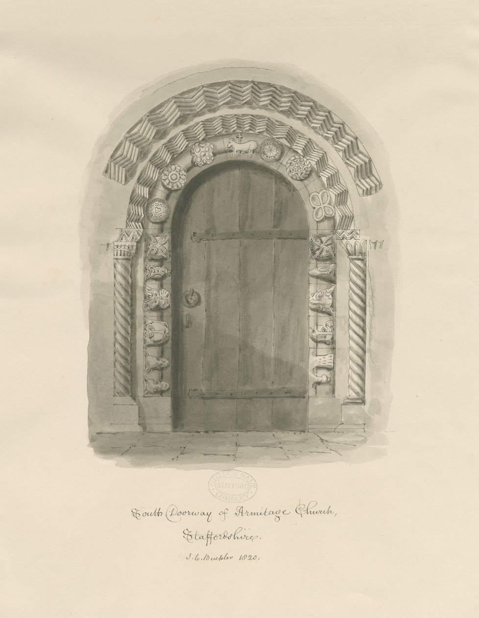 Armitage Kerk - Zuidelijke Deur: sepia tekening door John Chessell Buckler