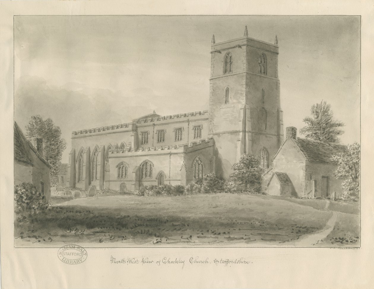 Checkley Kerk: sepia tekening door John Chessell Buckler