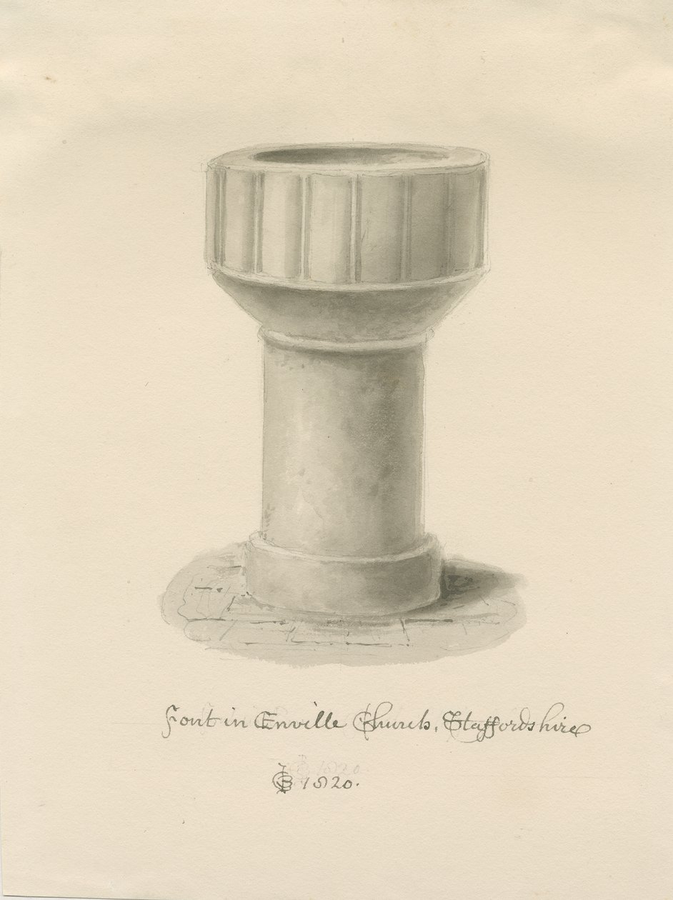 Doopvont in Enville Kerk: sepia tekening, 1820 door John Chessell Buckler